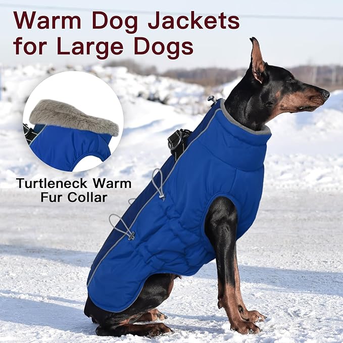 Dog Winter Jacket - XX Large, Warm Zip Up Snowsuit Dog Harness Vest, Reflective, Water-Resistant, Royal-Blue