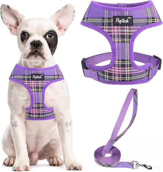 PUPTECK Soft Mesh Dog Harness and Leash Set Pet Puppy Cat Comfort Padded Vest No Pull Harnesses, Purple, XL