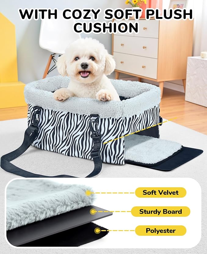 Center Console Dog Car Seat, Puppy Carseat for Small Dogs, Cat Car Seat with Metal Frame and Double Protection Seat Belts, Pet Booster Seat with Washable Cushion and Clip-on Leash Cute Zebra Print
