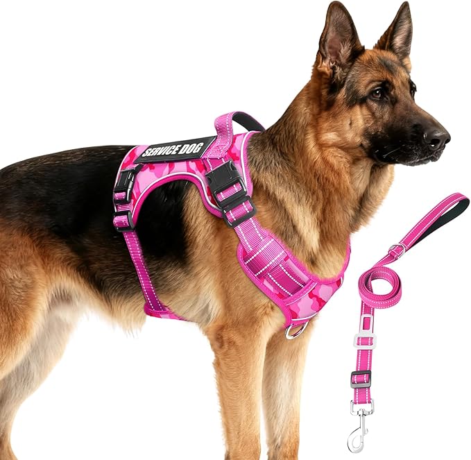 Tactical Service Dog Vest and Leash Set,Heavy Duty No Pull Dog Harness and 10 Patches with Dog Seat Belt for Large Dogs,Reflective Pet Harness for Training Walking Hiking Camo Pink XL
