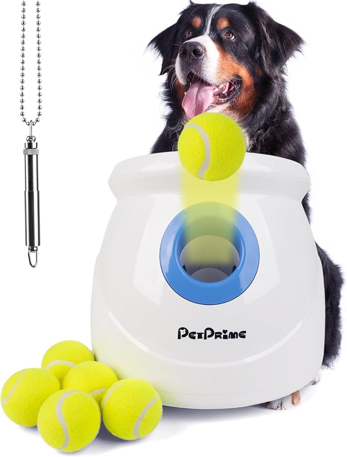 Pet Prime Dog Automatic Ball Launcher for Large Dogs Ball Thrower Machine Outdoor Indoor Use Interactive Dog Toy Adjustable Distance 10-40ft - Included 6 PCS 2.5” Tennis Balls and a Whistle