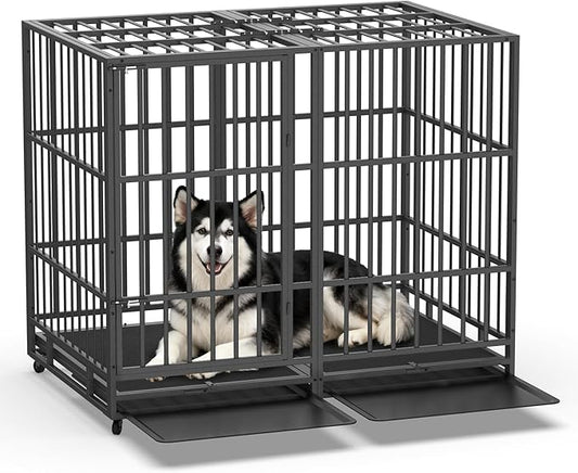 Heavy Duty Dog Crate 54 Inch, Indestructible Dog Crate with Removable Tray, Escape Proof & High Anxiety Dog Kennel Indoor, Metal Dog Cage with Wheels for Large Dogs, XL XXL XXXL