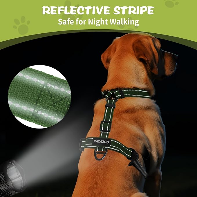 No-Pull Harness,Y-Shaped Design,Buckle-Neck Balance Harness with Reflective Stitching, Ideal for Dog Training and Night Walking, Padded Handle, Durable High-Tensile Nylon-Green-M