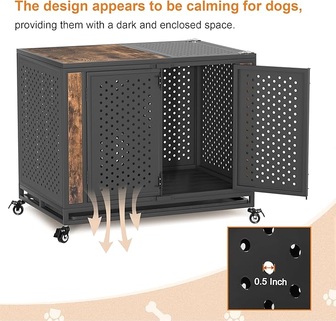 38" Heavy Duty Dog Crate Furniture for Medium and Large Dogs, Enclosed Design with 0.5 inch Holes, Indestructible Metal Kennel for High Anxiety Dogs, Chew Proof Indoor Pet House Cage, Brown