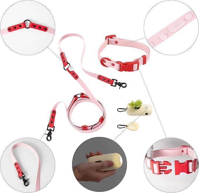 WLK1004G-5SET Luna Small 8FT Adjustable 6-in-1 Waterproof Hands-Free Leash and Collar with LED Flashlight, Bag Dispenser, and Poop Bag Holder, Paloma