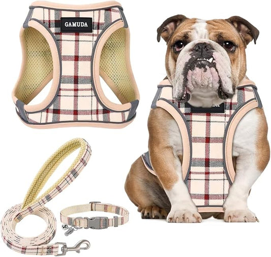 GAMUDA Small Dog Harness Collar and Leash Set, Step in No Chock No Pull Soft Mesh Adjustable Dog Vest Harnesses Plaid Reflective for Dogs Puppy Cats Kitten Rabbit (Beige, XL)