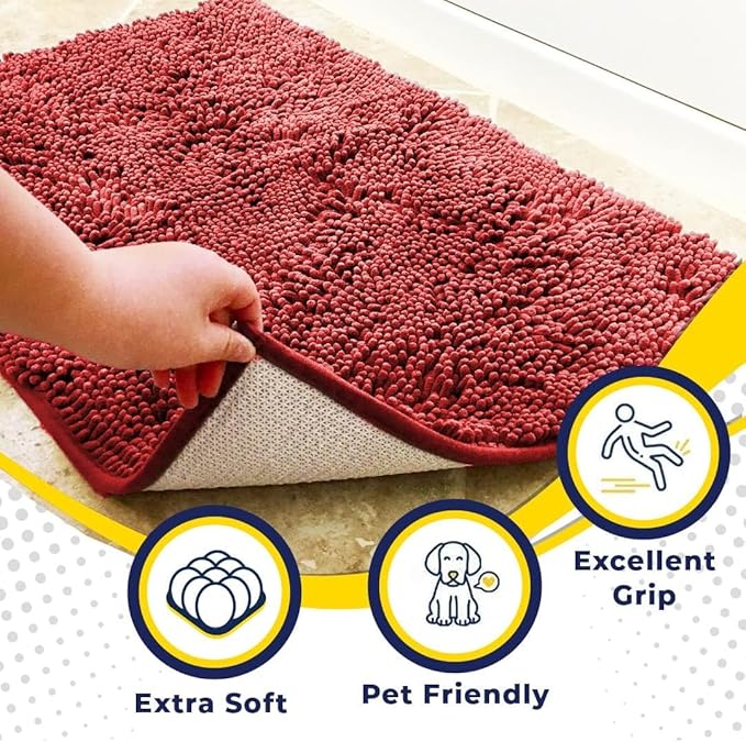 Muddy Mat® | Super Absorbent Door Mat Indoor, Microfiber Quick Dry Chenille Entryway Rug, Non-Slip Front Door Mat, Indoor Mats for Entryway, Machine Washable Pet Rug, Red 36"x60"