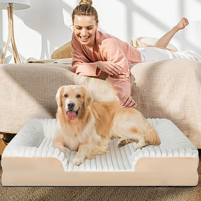 Orthopedic Dog Bed for Large Medium Sized, Washable Memory Foam Large Dog Bed Premium Soft Corduroy Fleece, Durable Medium Pet Sofa with Removable Cover, Washable Waterproof Pet Couch Beds(White,XXL)