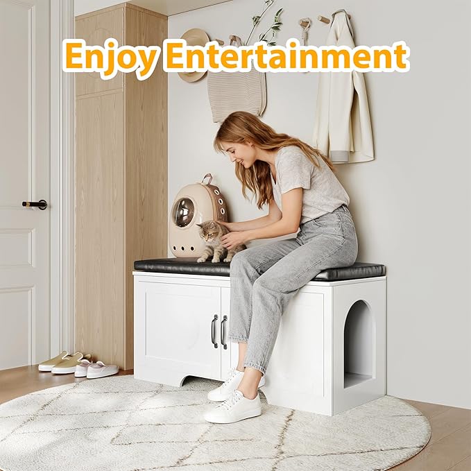 Modern Cat Litter Box Enclosure, 39" Hidden Litter Box Furniture with Removable Padded Seat Cushion, Flip-Top Design, Cat Washroom Bench with Storage Cabinet, Fit Most of Litter Box,White