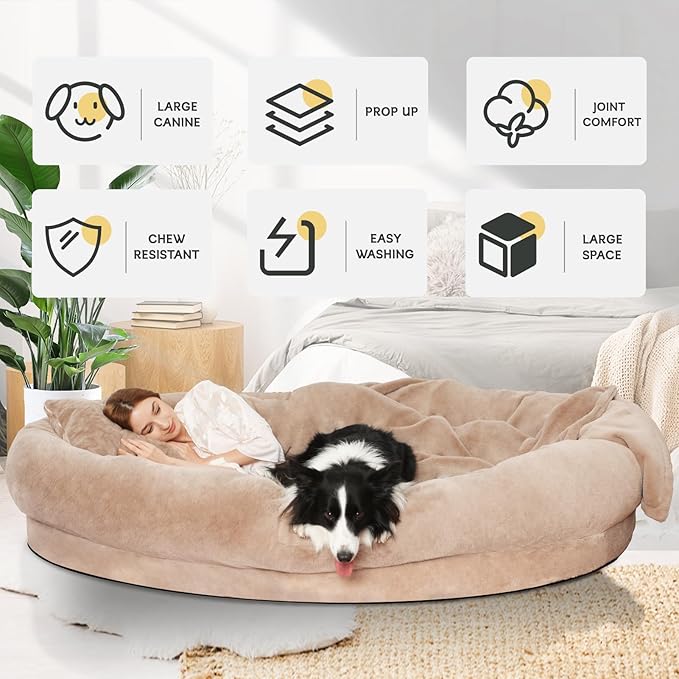 Human Dog Bed for Adults, 71"x51"x12" Washable Orthopedic Size, Faux Fur Removable, Cozy Large Present with Blanket and Pillow, Khaki