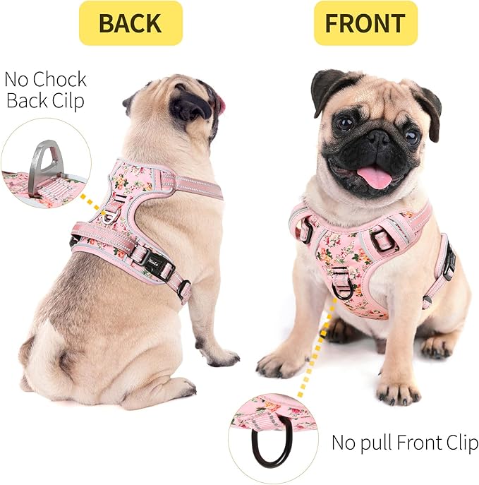 HEELE Dog Harness Harness for Small Dogs No Pull Dog Vest Harness for Small Dog with Soft Padded Handle Reflective for Outdoor Training, Flower-Pink, XS