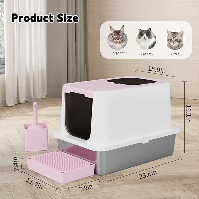 RIZZARI Enclosed Cat Litter Box: Large Top & Front Entry with Odor Control - Stainless Steel with Teflon Non-Stick Coating - High-Sided Pink Litter Pan for Multi-Cat Homes - for Apartments Hallways