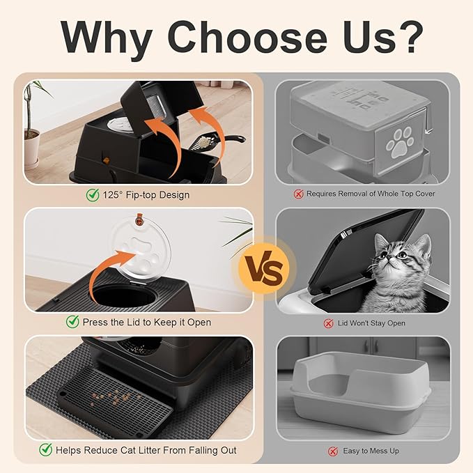 Stainless Steel Litter Box with Lid, XL Extra Large Litter Box, Enclosed Top Entry Metal Litterbox for Big Cat, Easy Cleaning, Less Leakage & High Sided with Mat, Aisle & Scoop Black