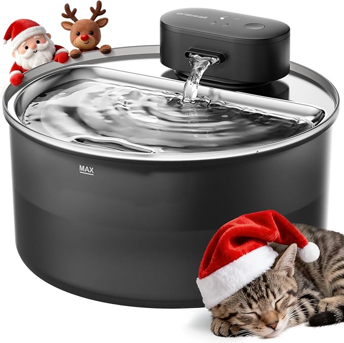 oneisall Cat Water Fountain Stainless Steel Tray: 108oz/3.2L Wireless Pet Fountain for Cats Indoor, Battery Operated Automatic Water Dispenser for Drinking, Ultra Quiet SilentFlow™, Motion Sensor