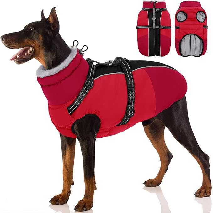 SUNFURA Large Dog Coat with Harness Built in, Warm Dog Jacket Waterproof Pet Winter Coat Snowsuit for Cold Weather, Reflective Fleece Jacket for Large Dogs, Border Collie, Red XL