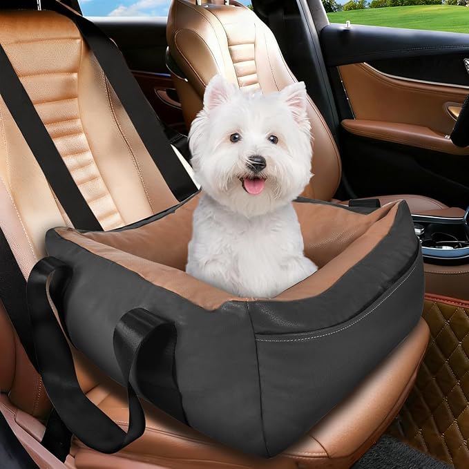 Dog Car Seat for Small Dogs, Large Leather Dog Car Bed with Storage Pocket, Waterproof PVC Leather Booster Seat Travel Bed for Front & Back Seat, Clip-On Safety Leash (Black/Brown)