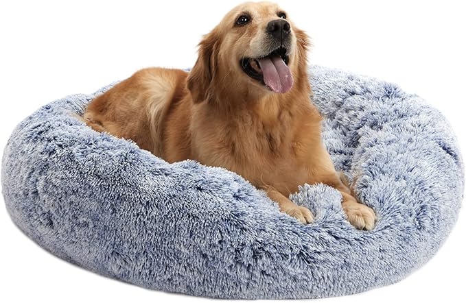 Bedfolks Calming Donut Dog Bed - 36 Inch Round Plush Beds for Large Dogs, Anti-Anxiety Machine Washable (Navy Blue, Large)