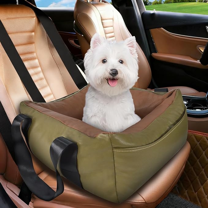 Dog Car Seat for Small Dogs, Large Leather Dog Car Bed with Storage Pocket, Waterproof PVC Leather Booster Seat Travel Bed for Front & Back Seat, Clip-On Safety Leash (Green/Brown)