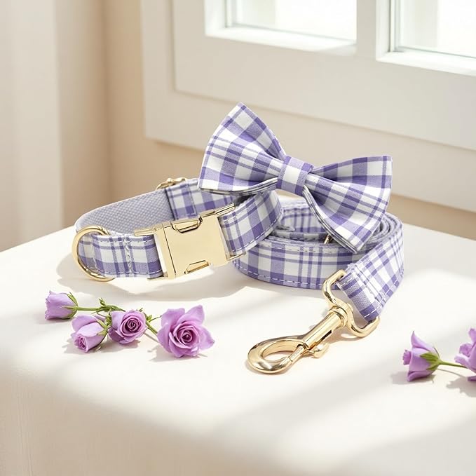 PETDURO Personalized Dog Collar Lavender Plaid for Large Medium Dogs | Engraved Name and Phone Number on Gold Metal Buckle for Girls | Add Leash & Bow Tie via Customize Now