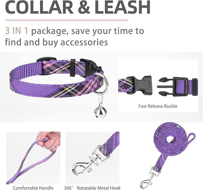 PUPTECK Adjustable Dog Harness Collar and Leash Set Step in No Pull Pet Harness for Small Medium Dogs Puppy and Cats Outdoor Walking Running, Soft Mesh Padded Reflective Vest Harnesses, Purple M