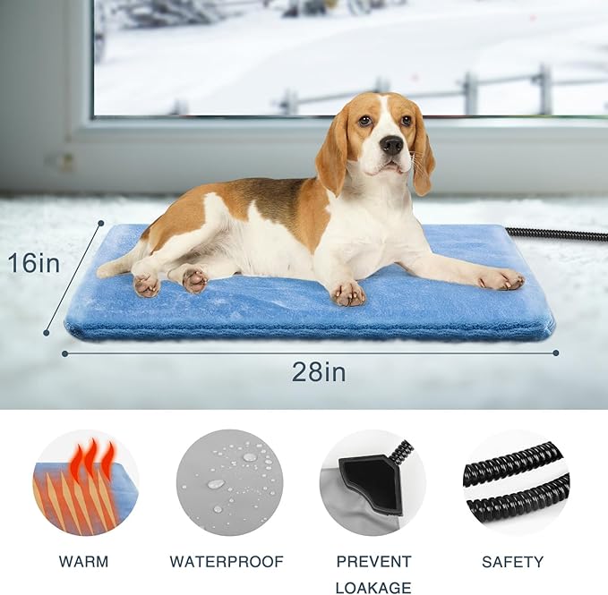 Heating Pad for Cats and Dogs Outdoor,Indoor Warming Cat Heating Pad, Waterproof，Chew Resistant Cord (Blue, 28 X 16)