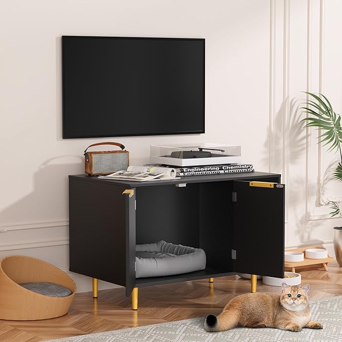 Litter Box Enclosure, Cat House Litter Box Furniture Hidden with Scratching Mat, Modern Cat Washroom Indoor, Side End Table, Storage Cabinet Bench for Living Room, Bedroom, Black