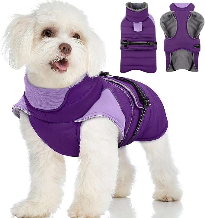 MIGOHI Warm Dog Jacket - Waterproof Small Dog Coat with Furry Collar, Windproof Dogs Fleece Vest, Reflective Cold Weather Coats for Small Dogs, Adjustable Buckle, Poodle,S,Purple