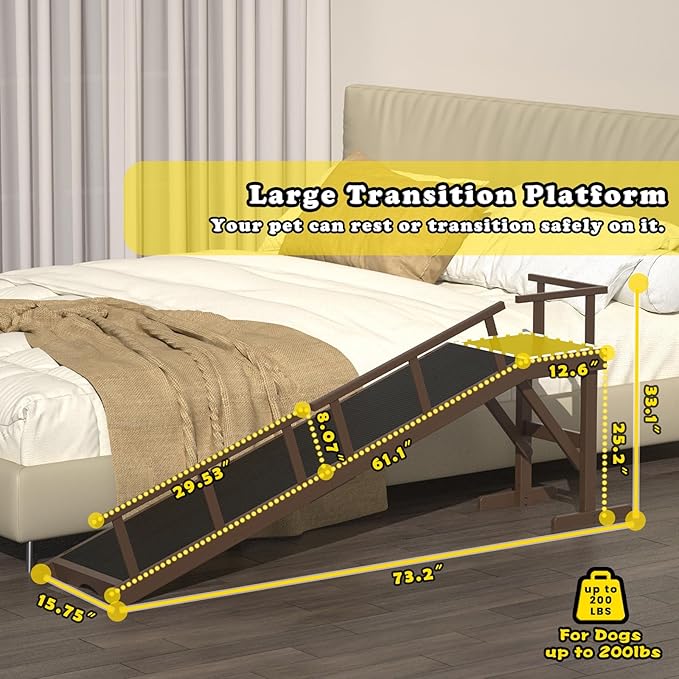 25" Height Dog Ramp for Bed, 73" Long Large Pet Ramp with Non-Slip Surface, Wooden Dog Ramp with Removable Rail & Rest Platform, Also as Dog Stairs for Small Senior Dogs with Glow Strips, Brown