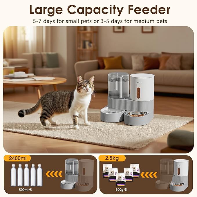Automatic Gravity Cat Dog Feeder and Water Dispenser with 304 Stainless Steel Bowls 2 in 1 360 Degree Rotatable Auto 2.4L Dry Food and 2.6L Water Bowl for Small Medium Pet Dog Puppy Kitten (Gray)