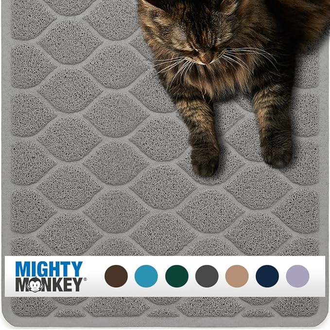 MIGHTY MONKEY Waterproof BPA Free Cat Litter Box Trapping Mat, Easy Clean Floors, Textured Backing, Soft on Sensitive Kitty Paws, Cats Accessories, Less Waste, Stays in Place, 35x23, Slate Gray