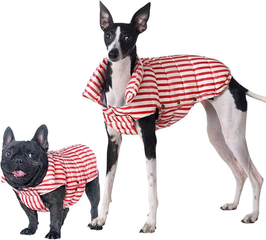 SPACE LION Dog Puffer Jacket, Down Winter Coat, Durable Outdoor Coat for Cold and Windy Conditions, Lightweight & Adjustable Fit Coats for Medium & Large Dogs,(RedStripe, Size18/L+)