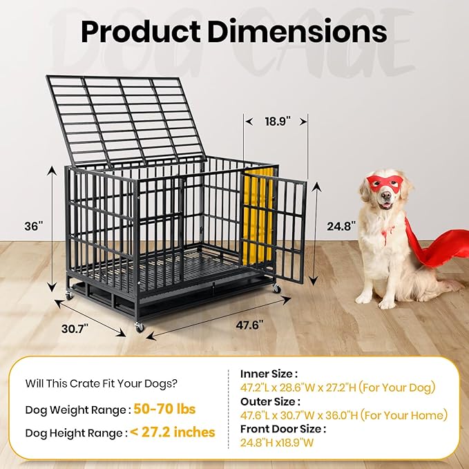 Oranland 48 inch Heavy Duty Indestructible Dog Crate,2025 New Upgraded Reinforced Baseplate for Large Dogs,XL Dog Crate for High Anxiety Dogs/Max Load Capacity 250lbs/Double Door with Wheels
