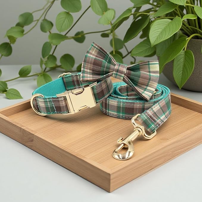 PETDURO Personalized Dog Collar Teal Brown Plaid for Large Medium Dogs | Engraved Name and Phone Number on Gold Metal Buckle for Boys & Girls | Add Leash & Bow Tie via Customize Now