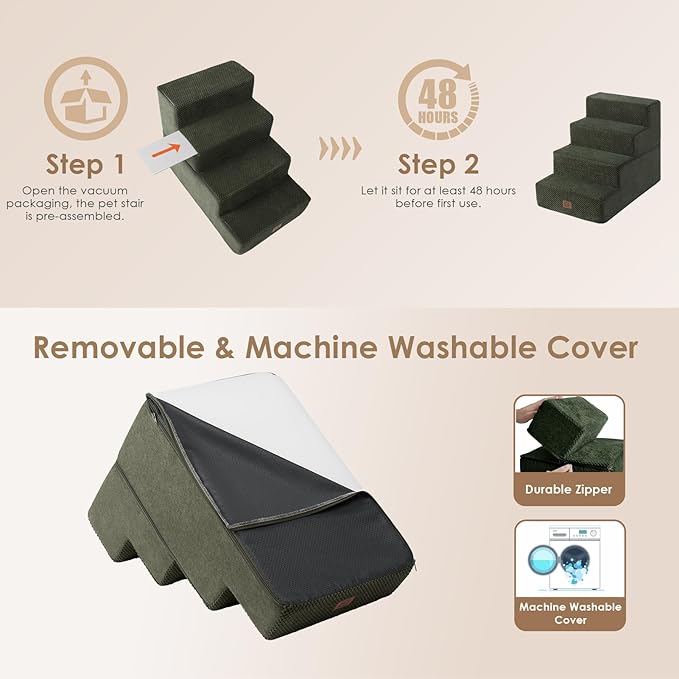 EHEYCIGA Dog Stairs for Bed 18" H, 4-Step Dog Steps for High Bed, Pet Steps for Small Dogs and Cats, Non-Slip Balanced Pet Ramp Indoor, Military Green
