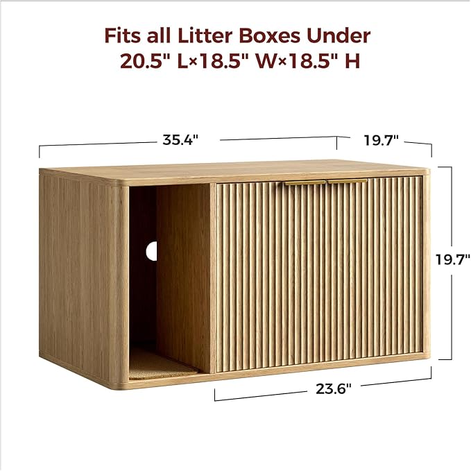 Evermagin 35.4" Oak Cat Litter Box Enclosure Furniture with Cat Scratch Pad, Large Hidden Litter Box Cabinet, Front Entry Can Install Left/Right, Mid Century Modern Kitty End Table, Kitty Bench