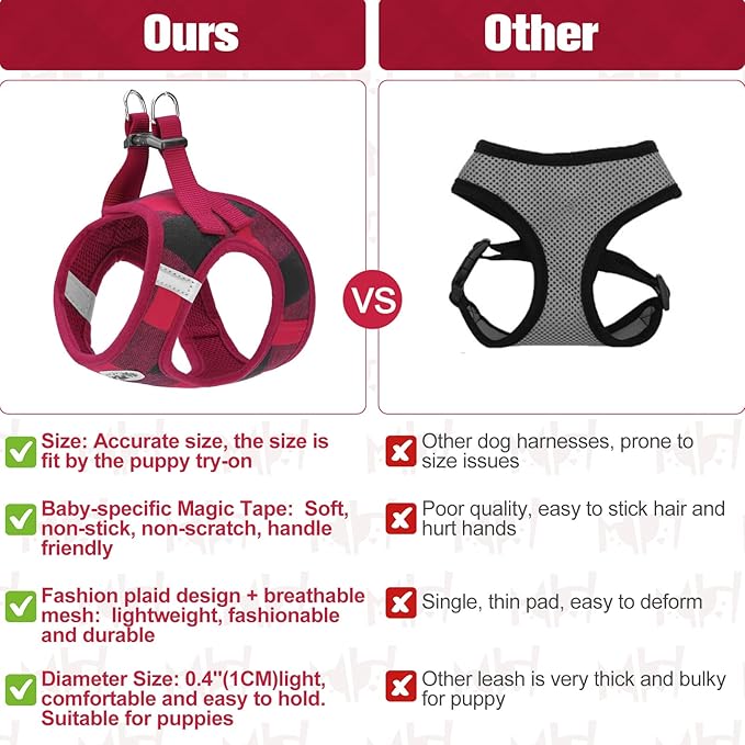 BEAUTYZOO Small Dog Harness and Leash Set,Step in No Choke No Pull Soft Mesh Dog Harnesses Reflective for Extra-Small/Small Medium Puppy Dogs and Cats, Plaid Dog Vest Harness for XS S Pets, Red L
