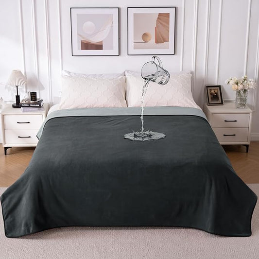 QiyI Waterproof Blanket for Bed King Size, Washable Reversible Bed Cover, Large Leakproof Stain-Resistant Furniture Protector for Travel & Camping, 80"x90", Dk Grey/Lt Grey