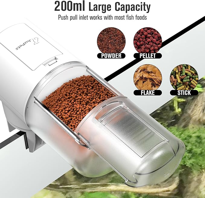 Automatic Fish Feeder Dispenser for Aquarium, 200ml Large Capacity Auto Turtle Fish Feeder for Small Tank, Battery Powered Food Feeding Timer for Flakes Pellet Vacation, Batteries Included