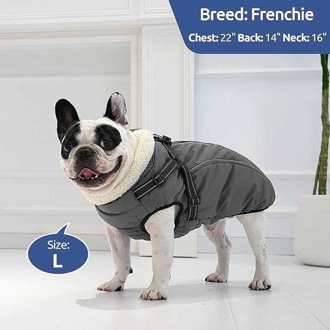 Dog Winter Coat with Harness Built in Warm Puffer Dog Jackets for Small Medium Large Dogs Windproof Waterproof Outfit with Plush Lining and Reflective Stripes (Brown, L)