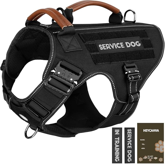 Service Dog Vest - HEYCAHVA Tactical Dog Harness Full Metal Buckles Dog Vest for Large Medium Dog Reflective No Pull Dog Harnesses with Leather Handle, Hook & Loop for Hiking Training (Black, XL)