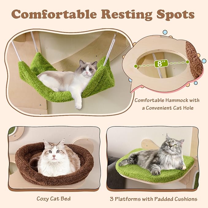 Tangkula Cat Wall Shelves, Wooden Wall Mounted Cat Tree with Hammock, Bed, Hole, Scratching Mats and Post, Green Removable & Washable Cushions, 5-Level Cat Climbing Steps