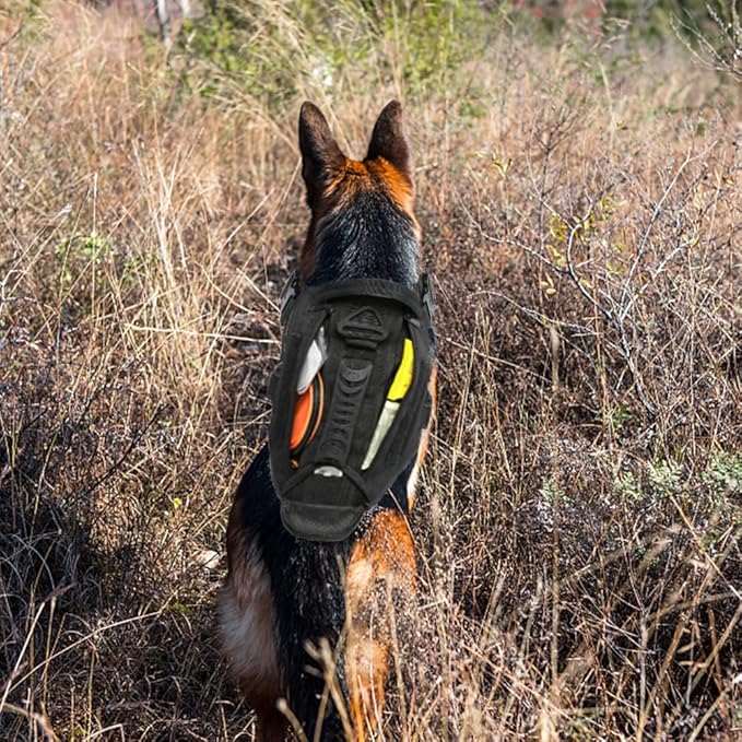 Tactical Dog Backpack Harness for Large Breed Original Design Metal Buckle Vest with Side Bags Pouches for Service Working Training (Black (with 2 Pouches), M)
