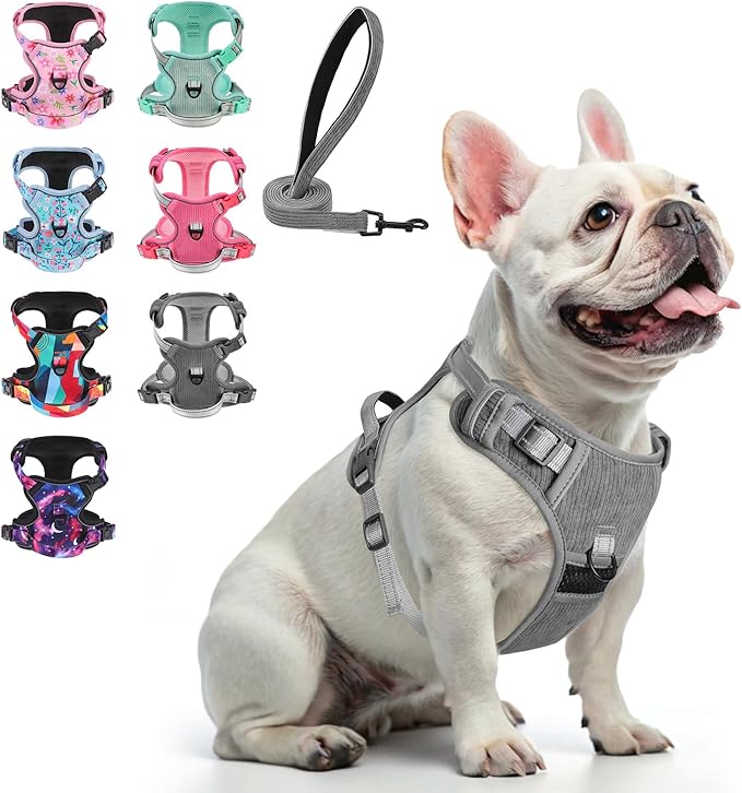 BEAUTYZOO No Pull Dog Harness Large, Adjustable Dog Harness and Leash Set -Easy Wearing with 3 Buckles/Control Handle,No Choke Soft Padded Reflective Pet Vest for Training Walking Hiking,Grey S