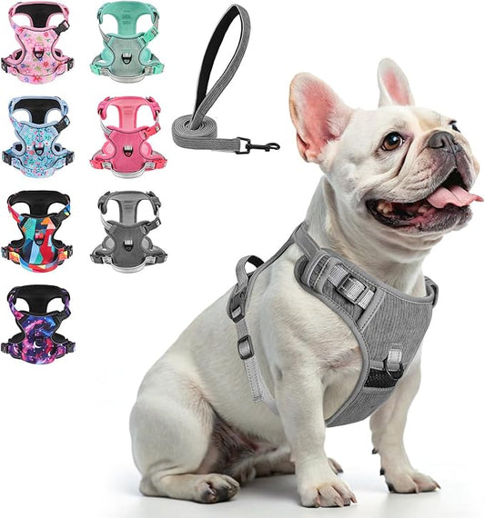 BEAUTYZOO No Pull Dog Harness Large, Adjustable Dog Harness and Leash Set -Easy Wearing with 3 Buckles/Control Handle,No Choke Soft Padded Reflective Pet Vest for Training Walking Hiking,Grey S
