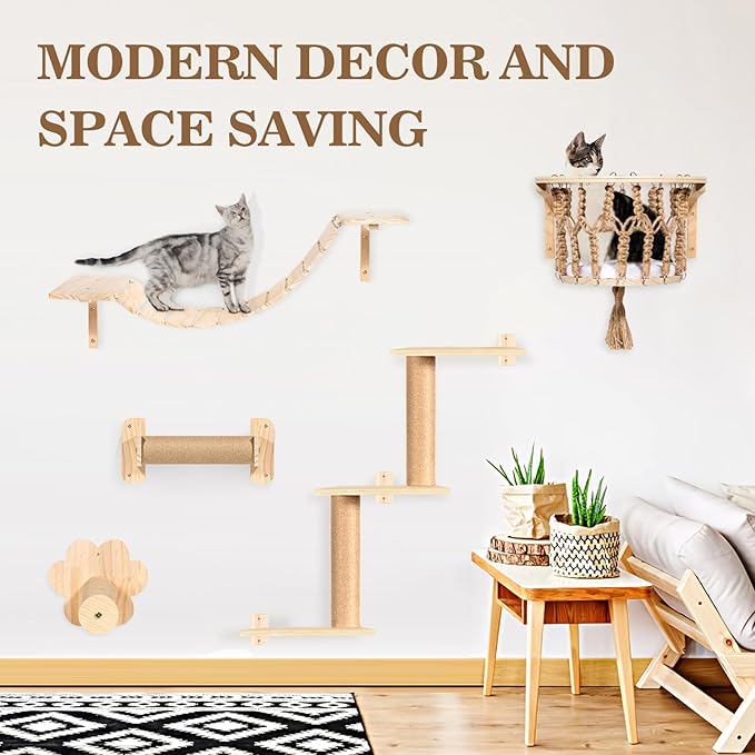 Cat Wall Shelves and Perches, Wall Mounted Cat Furniture with Hammock, Bridge, Tree, Steps and Scratching Posts, Wooden Climbing System for Indoor Large Cats and Kittens