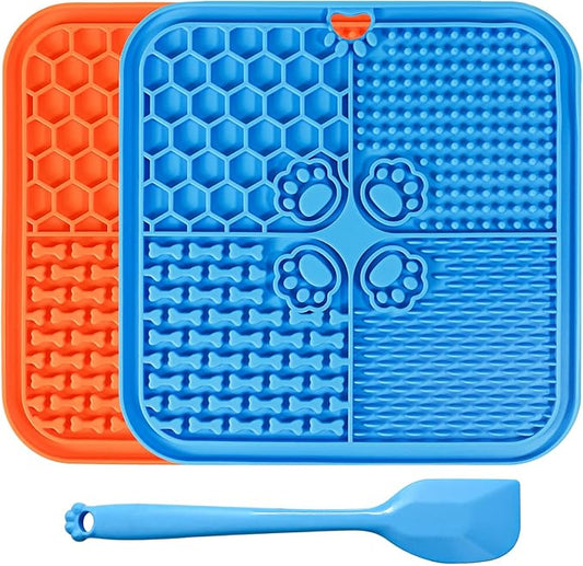 Lick Mat for Dogs, Dog Lick Mat with Suction Cups, Pet Food Mats and Slow Feeder Cat Bowl for Dog Anxiety Relief Pet Enrichment Toys for Bathing Station and Cat Grooming 2 Pack (Blue & Orange)