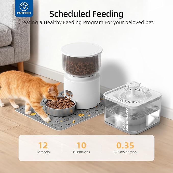 PAPIFEED Automatic Cat Feeder and Water Fountain, 3L/12 Cups 2.4G WiFi Pet Feeder with Stainless Steel Bowl, Smart APP Control for Remote Feeding, 1-12 Meals Per Day, Detachable for Easy Clean (White)