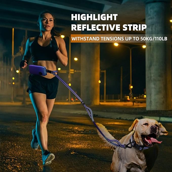 Roses&Poetry Hands Free Dog Leash with Zipper Pouch, 6-9ft Bungee Waist Leash for Medium Large Dogs Walking, Running Lead with Dual Padded Handles Car Safety Buckle for Training Jogging