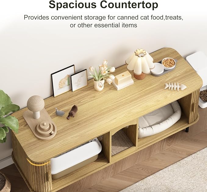 Double Cat Litter Box Enclosure Furniture, 59" Large Hidden Litter Box Furniture with Scratching Pad, Wood Pet House for 2 Cats, Indoor Modern Cabinet TV Stand for Living Room, Natural