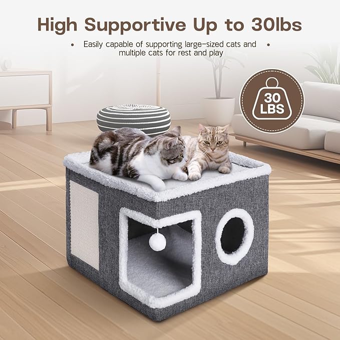 Cat Houses for Indoor Cats - Large Cat Bed Cave with Fluffy Ball and Scratch Pad, Foldable Cat Condo Hideaway for Multi Small Kitten & Pet, Grey